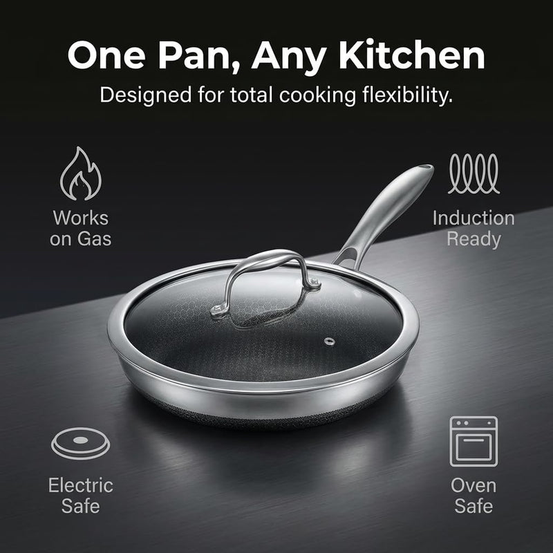 Eterna Tri-Ply Hybrid 24cm Frying Pan with Lid Stainless Steel & Ceramic Coating, Metal-Utensil Safe, Oven & Dishwasher-Safe, Induction & All Cooktops Compatible
