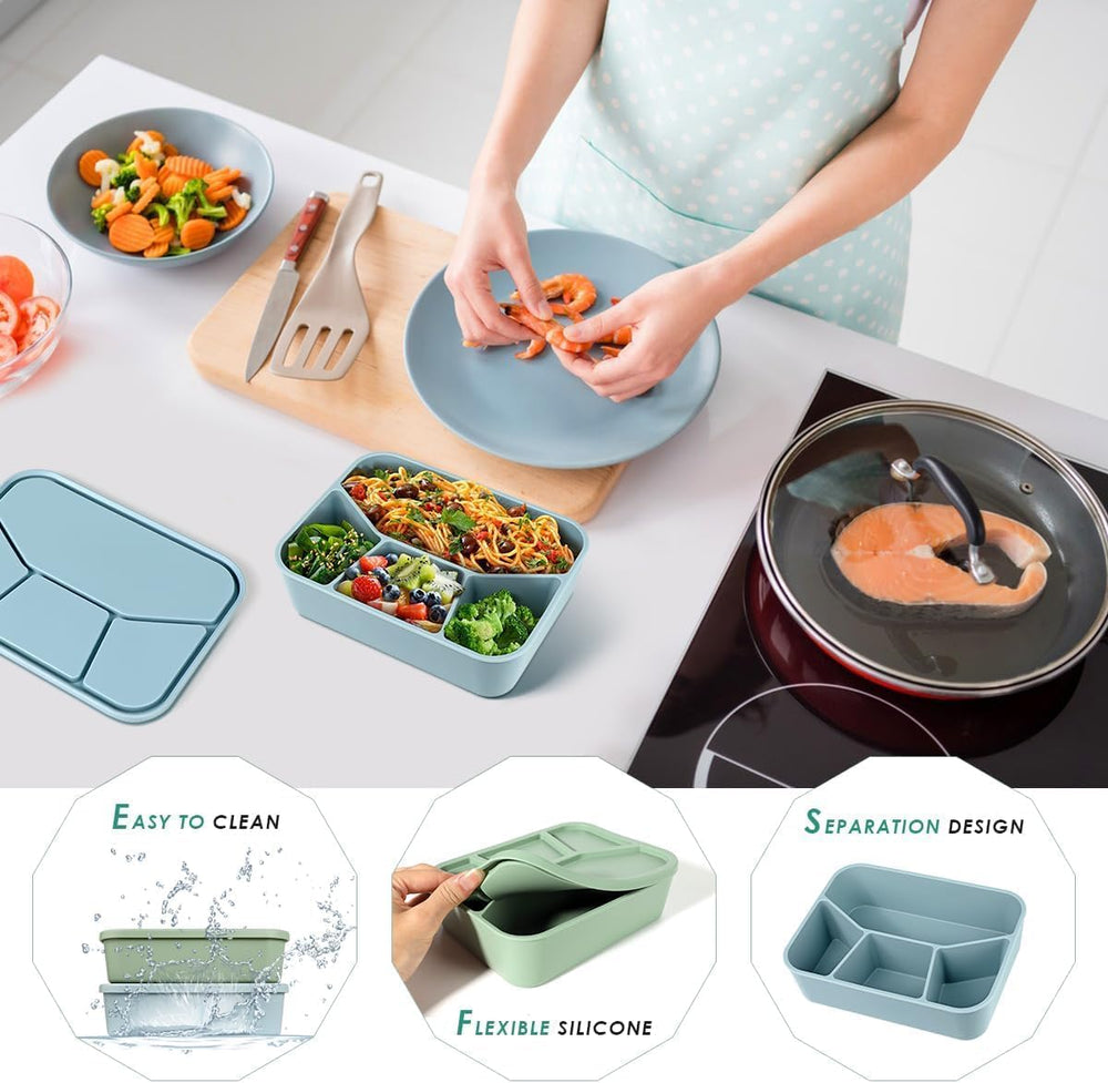NALACAL Silicone Bento Box, Bento Lunch Box with 4 Compartments, Leak-Proof Salad Bento Boxes, Sauce Container, Utensils, Food Picks and Muffin Cups, Microwave, Dishwasher and Freezer Safe, Blue