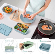 NALACAL Silicone Bento Box, Bento Lunch Box with 4 Compartments, Leak-Proof Salad Bento Boxes, Sauce Container, Utensils, Food Picks and Muffin Cups, Microwave, Dishwasher and Freezer Safe, Blue