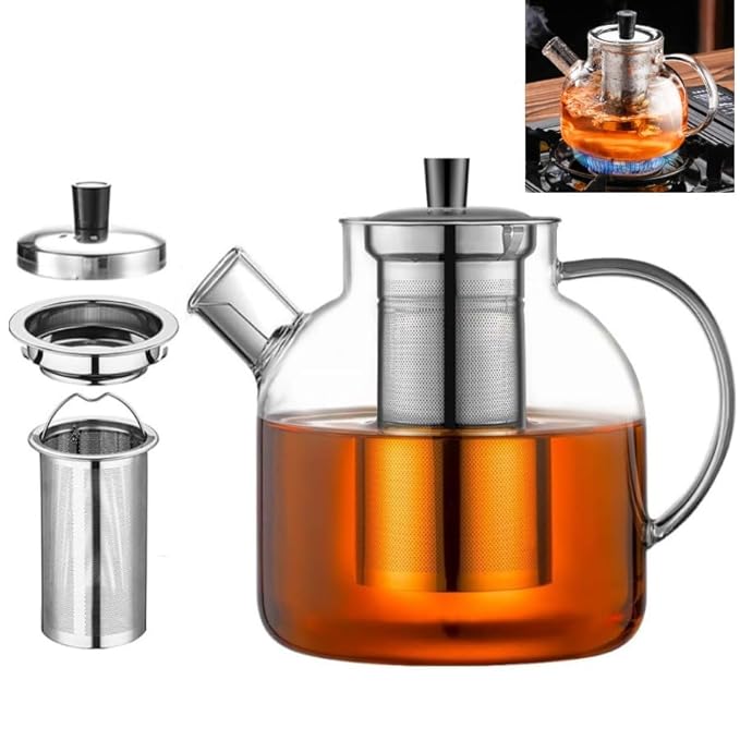 ORCHID MÂ® 1500ml(50oz) Large Round Glass Teapot with Removable, Borosilicate Heat Resistant Stovetop Safe Glass Tea Kettle Blooming for herbal tea,scented tea Stainless Steel Infuser Strainer