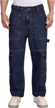Men's Carpenter Baggy Jeans Mid-Rise 100% Cotton Contrast Stitch 6 Pocket Styling Baggy Jeans for Man Cargo for Men - Dark Knight