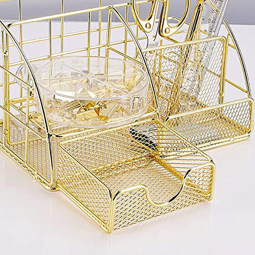 Benting Desk Organizer Office Accessories, Multi-Functional Mesh Desk Organizer with 5 Compartments and 1 Drawer for Home, Office, School, Workshop, kitchen (White)