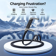 Sideways Phone Charger, 240W Fast Charging Cable with Rotatable Phone Holder Stand, 360-Degree Rotation, 1.5 Meter Sideway Gaming Charger (Type C to Type C) - USB Type C