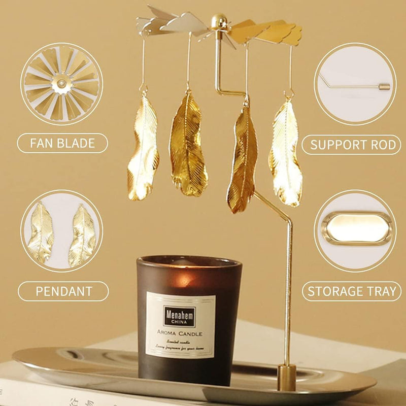 Creahaus Rotating Candle Holder with Tray, Gold Candle Spining Metal Holder for Christmas, Valentine's Day, Party Table Decor, Gift (Gold Carousel)