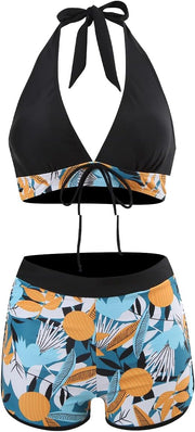 Tainehs Women's Two Piece Bikini Swimsuit Tie Halter Neck Padded Deep V Neck Bathing Suit with Boy Shorts