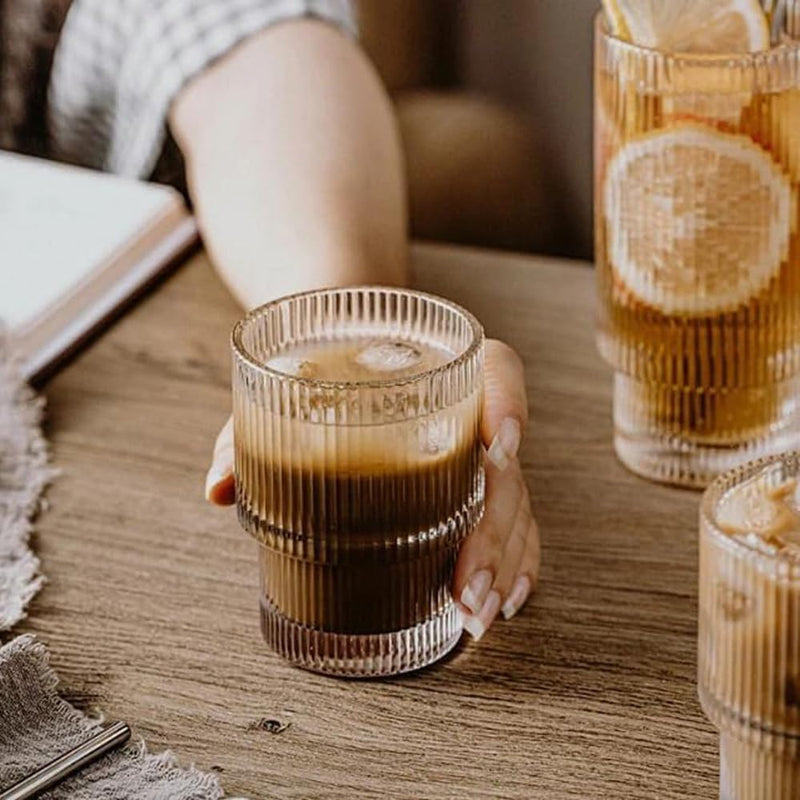 1CHASE Ribbed Drinking Glasses with Glass Straws 330 ML (Set of 4), Ripple Borosilicate Glassware, Mixed Drinkware Sets, Drinking Glasses for Juice, Iced Coffee, and Cocktails (12 oz) (330 ML) - 330 ML