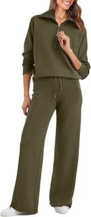Womens 2 Piece Outfits Sweatsuit Set Oversized Half Zip Sweatshirt Wide Leg Sweatpants Lounge Set Tracksuit - Army Green