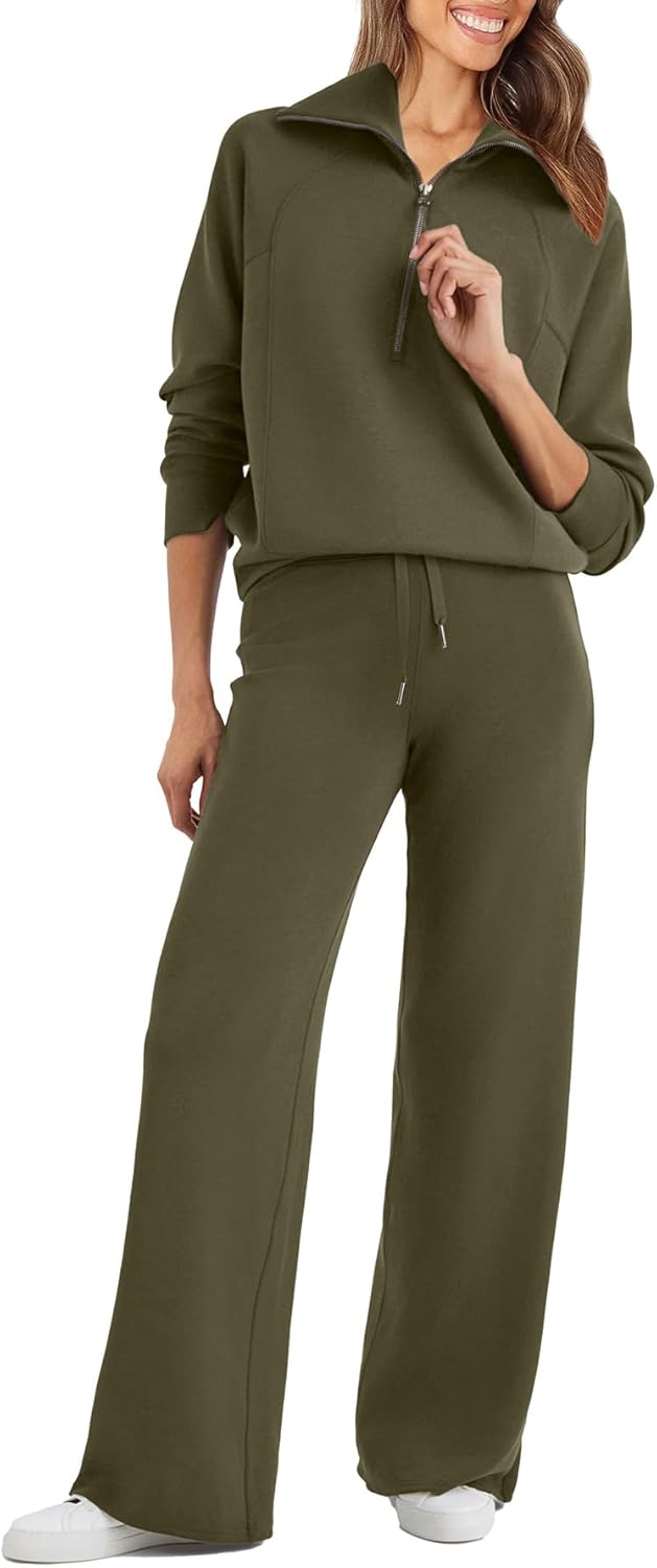 Womens 2 Piece Outfits Sweatsuit Set Oversized Half Zip Sweatshirt Wide Leg Sweatpants Lounge Set Tracksuit - Army Green