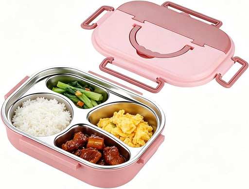 Lunch Box For Kids School,1000ml Stainless Steel Bento Lunch Box,4 Compartments Bento tiffin box,Food-Safe Materials and Leak-proof,for Adults and Children,School,Office (Blue) - Pink
