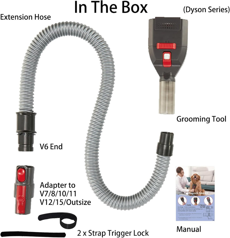 Pet Shedding Brush Kit Compatible with Dyson V15 V11 V10 V8 V7 V6, Vacuum Attachment as Cat and Dog Hair Grooming Brush with 3.3ft Extension Hose plus Converting Adaptor