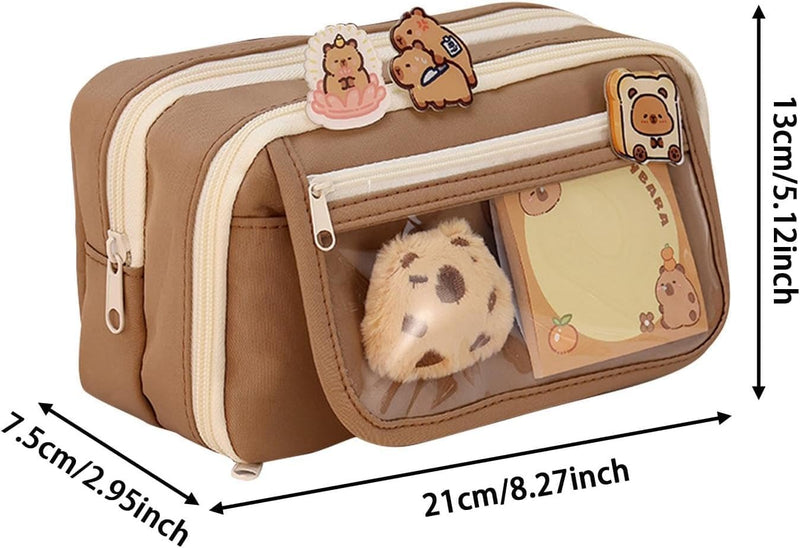 Cute Capybara Pencil Case, Capybara School Supplies, Clear Aesthetic Pencil Pouch with Cute Capybara Pins and Plush, Large Capacity Multi-layers Pen Case