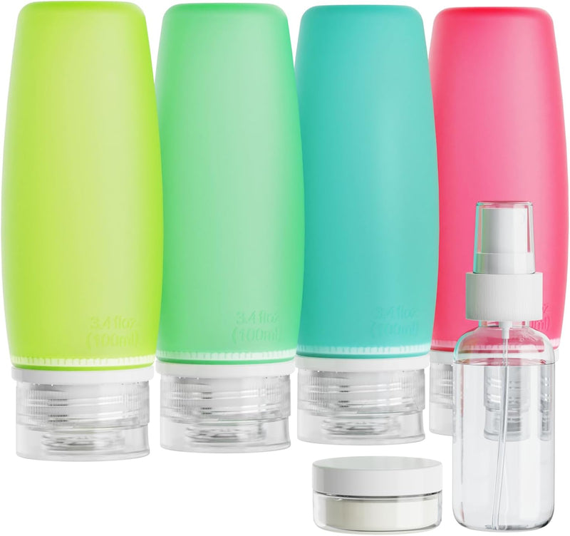 PACKISM TSA Approved Toiletry Bottles - 9 Pack Leakproof 3.4oz Silicone Travel Bottles for Toiletries, Travel Accessories with Clear Makeup Bags for Shampoo Conditioner Lotion Body Wash BPA Free