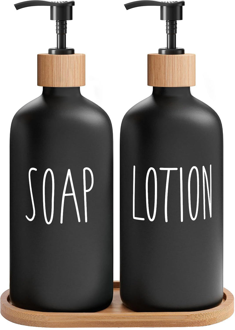 MOMEEMO Black Soap Dispenser Bathroom Set, Set with Glass Dispenser, Bamboo Pumps & Tray. Hand and Lotion Suitable for Farmhouse Decor. (Black)