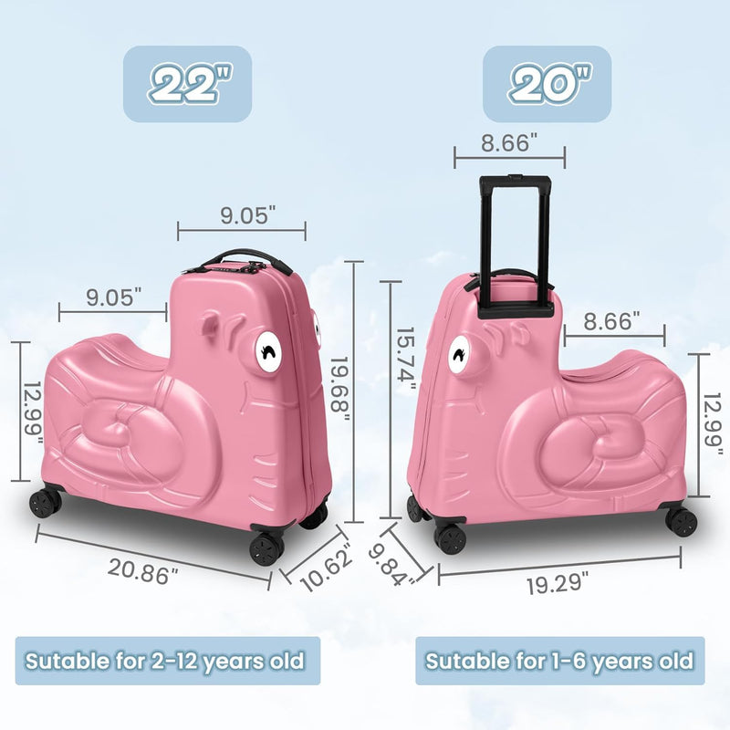 Kids Ride-On Luggage with Spinner Wheels - 20" Carry-On Trolley Suitcase with Password Lock,Help Your Child Relax Anti-Rollover Design & Safety Belt for Travel (Pink)