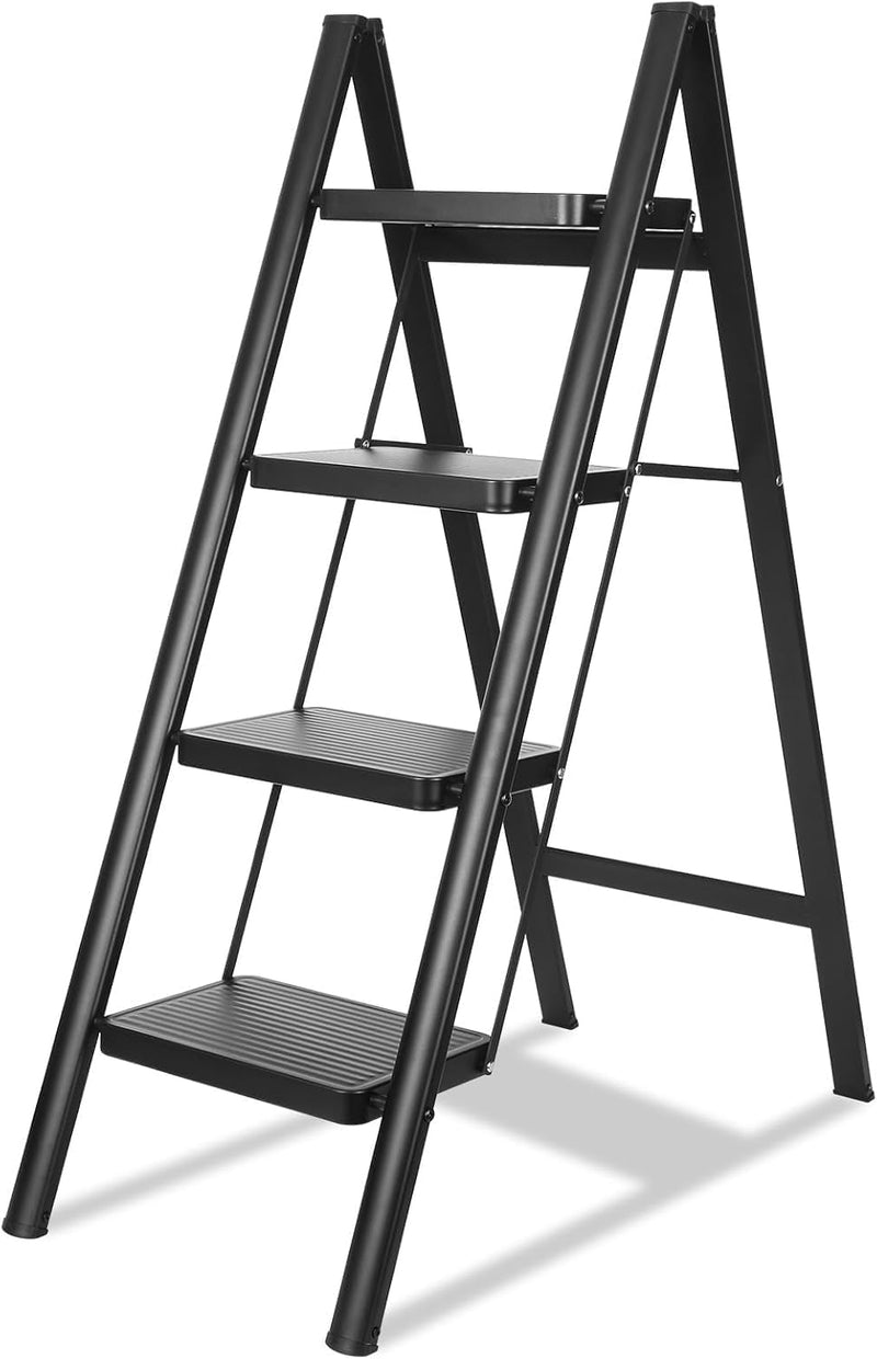 MOMENT 4 Step Ladder Folding, Sturdy 150kg Small Step Stool for Adults, Safer Full Steel Multi-use Kitchen Ladder for Home, Closet Step Stool Ladder with Anti-Slip Wide Pedals, Black