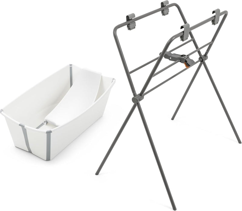 Stokke Flexi Bath + Newborn Support + Flexi Bath Stand - Baby Bath Tub with Stand for Newborns & Babies Up to 48 Months - Foldable, Durable & Easy to Store - White - White