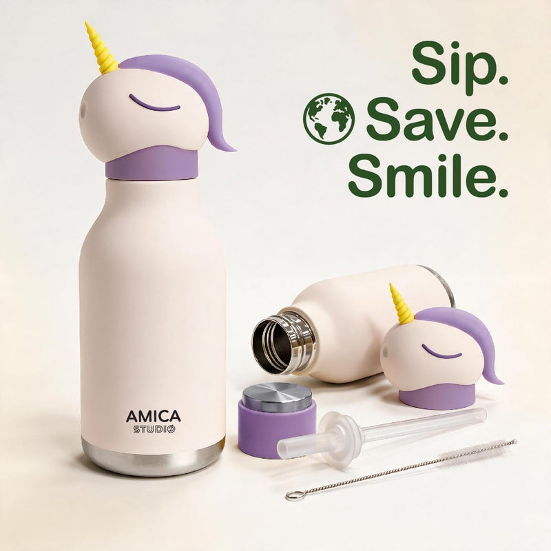 Kids Water Bottle 460ml Insulated Stainless Steel - AMICA STUDIO (Nova Unicorn)