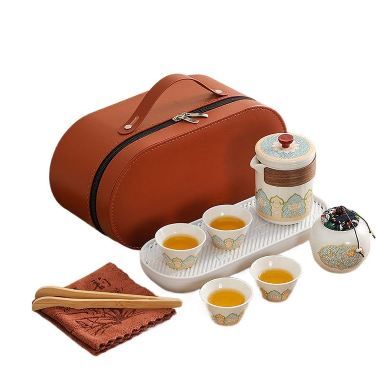 Chinese/Japanese Porcelain Tea Set, Black Kungfu Teapot Set with 1 Teapot, 4 Tea Cups, 1 Tea Tray,1 Tea Caddy, Suitable for Picnic and tTravel, for Adults, Tea Lover/Women/Men/Office/Home (White)
