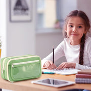 HANNEA Pencil Case, Large Capacity Pencil Pouch, 3 Compartments Pencil Bag with Clear Mesh Pockets, Students Stationery Organizer Pouch for School Office Supplies, Green