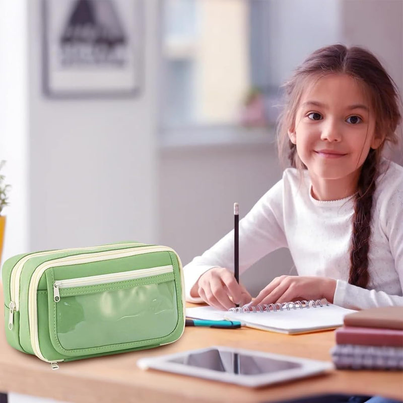 HANNEA Pencil Case, Large Capacity Pencil Pouch, 3 Compartments Pencil Bag with Clear Mesh Pockets, Students Stationery Organizer Pouch for School Office Supplies, Green