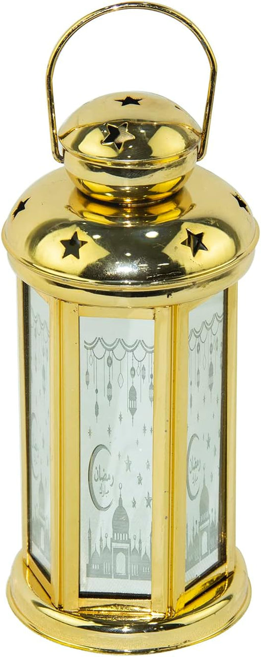Rosy.Moment Arabic Lantern, Led Fanoos Light For Ramadan Home Décor Table & Hanging Lantern, Vintage Decorative Tabletop indoor & Outdoor Size 21x10cm, With Islamic Music Color Golden
