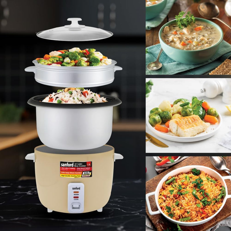 Sanford 1.5L Automatic Rice Cooker with Steamer & Keep Warm | 500W Power | Non-Stick Pot| (GREEN)