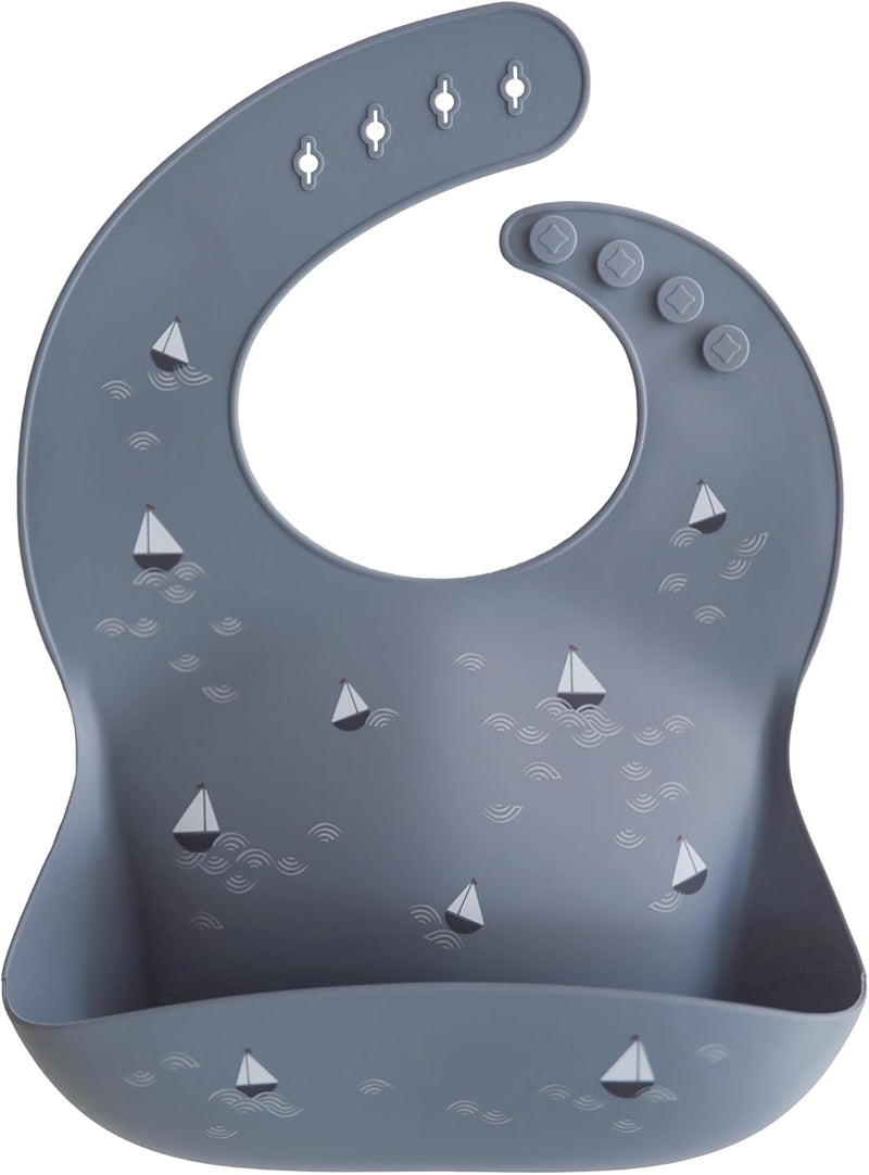 Silicone Baby Bib with Built-in Neck Fastener - Dishwasher Safe, BPA-Free Baby Feeding Set for Comfort & Cleanliness - Elegant Patterns for Stylish Bibs, 11 x 9.5 inches Dove Gray - Boats