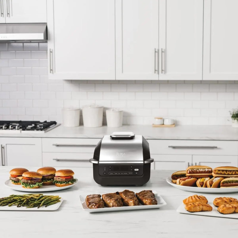 5-in-1 Indoor Grill & Air Fryer, 5 Cooking Functions, Make Up to 4 Burgers, 5.7L capacity, Low Smoke, Includes Digital Meat Thermometer, Black/Silver, EG351ME, 2 Years Warranty