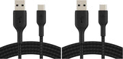Belkin Fast Charge Braided USB C charger cable, USB-C to USB-A cable, USB type C charging cable for iPhone 15, Samsung Galaxy S23, Google Pixel, iPad, MacBook, Nintendo Switch and more - 2m, Black - Black 2M (Pack of 2)