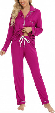 Button Up Pajama Set For Women Long Sleeve Shirt And Pajama Pants Soft Pjs Lounge Sets - Rose Red