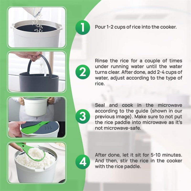 TERRIFI Microwave Rice Cooker, Microwave Rice and Pasta Cooker with Rice Spoon Easy Cooking or Reheating Set, Green