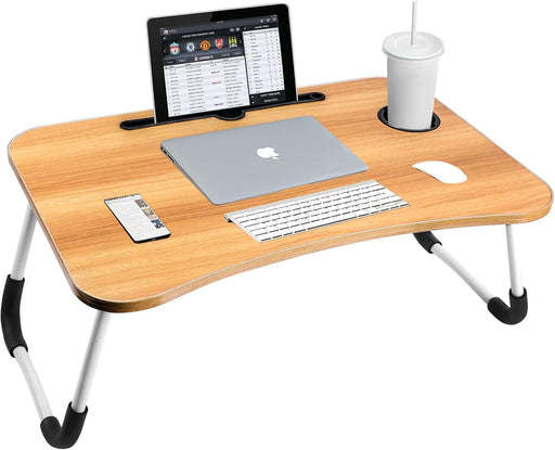 Portable Folding Laptop Desk For BedWith Ipad And Cup Holder Adjustable Lap Tray Notebook Stand Foldable Non-Slip Legs Reading Table Tray For WorkingStudyingCamping 60X40X28Cm Black - Beige
