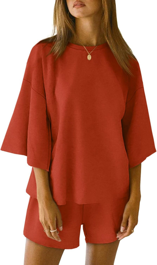 Womens Pajama Sets 3/4 Sleeve Oversized Tops and Elastic Waist Shorts Lounge Sets Loungewear - Orange