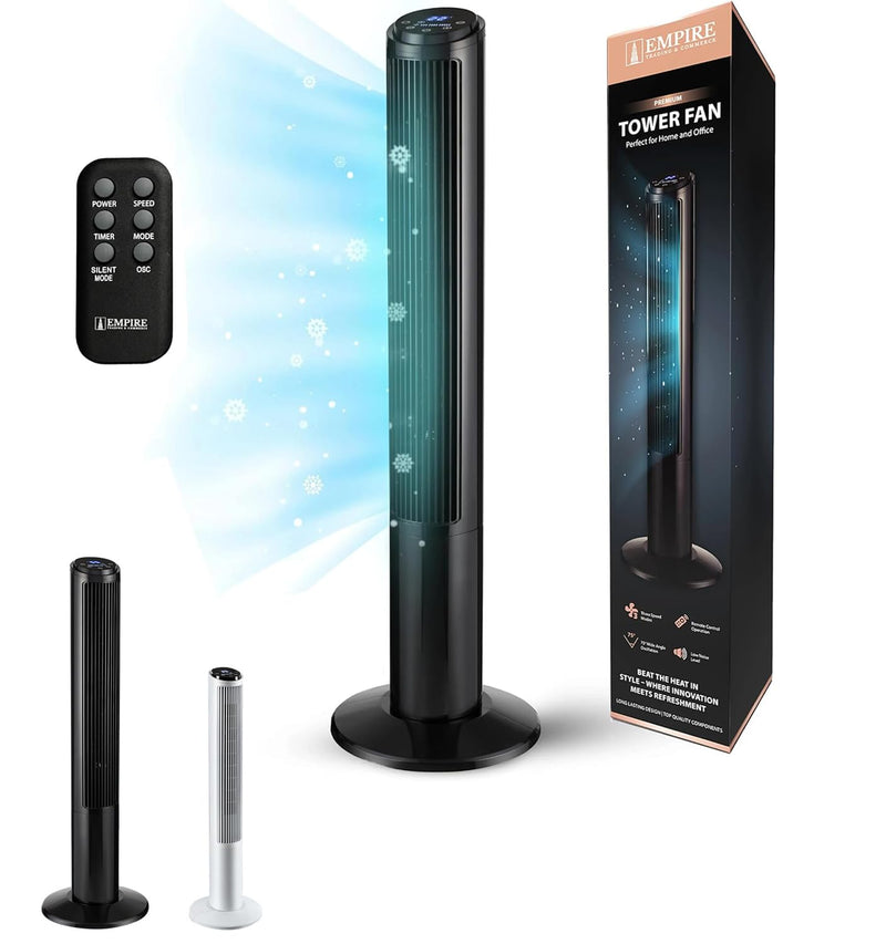 Empire 41inch Tower Fan with LED Display, Remote Control Fan for Bedroom with Timer Function, 50W Cooling Fan with 3 Speeds, Perfect 75° Oscillating Fan for Home, Living Room & Office (Black)