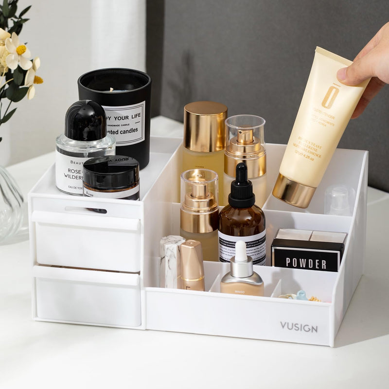 Deli White Cosmetic Storage Box 28.5x17.5x12.5cm - Breathable Organizer with Dustproof Lid & Side Handles - Makeup Organizer