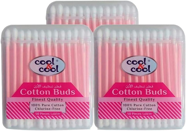 Cool & Cool Paper Ear Buds - 50's (Pack of 3) - Pink - Round Thick Tips,Cotton Swabs,100% Cotton,Double Tipped,Hygienic,Gentle & Safe Swabs for Ears - 150 Pieces