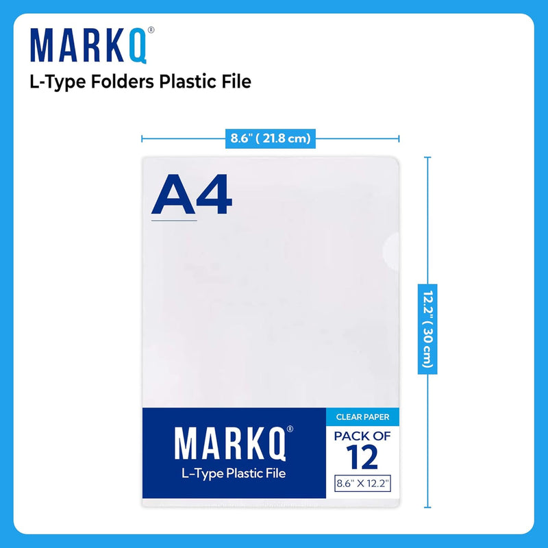 MARKQ Clear File, A4 Plastic Transparent Folders L-Type For Documents, Paper Storage School, Office Supplies (Pack of 12) - 12