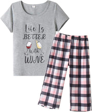Women's Short Sleeve Tops and Capri Pants Cute Cartoon Print Pajama Sets - Grey