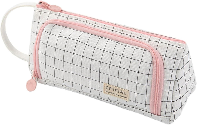 Nyganmelloz Large Capacity Pencil Case Pouch Portable Aesthetic Cute High Big Capacity Pen Cases Office College School Travel Stationery Makeup Storage Bag Box Desk Organizer for Girl Boy Women Men - Grid white