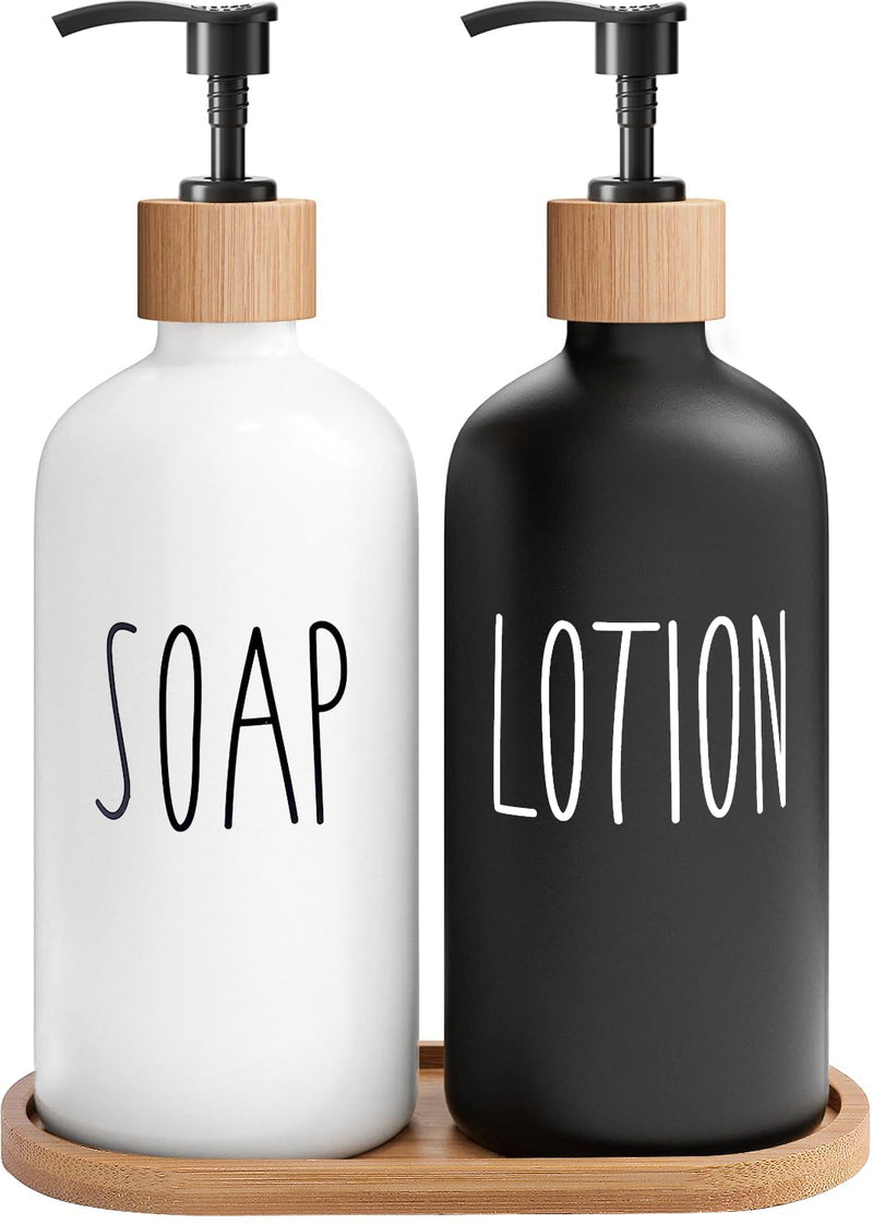 MOMEEMO Soap Dispenser Bathroom Set with Hand Soap & Lotion Dispenser, Suitable for Farmhouse Bathroom Decor, Black and White