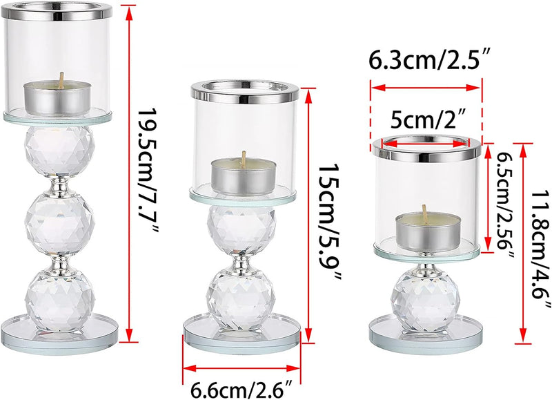 OwnMy Set of 3 Crystal Glass Candlestick Holders Pillar Candle Holders with Glass Covers, Modern Clear Glass Tea Light Candle Sticks Votive Candle Stands for Table Centerpiece Wedding Decor (Silver)