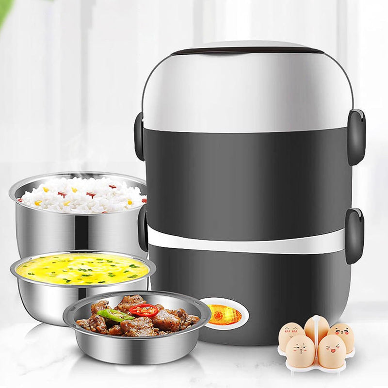 VAODO Electric Lunch Box Food Heater, 3 Layers 2L Portable Electric Heated Insulated Lunch Box, Multifunctional Food Warmer Container, Steam Cooker with Rice Set, with Egg Holder, Black