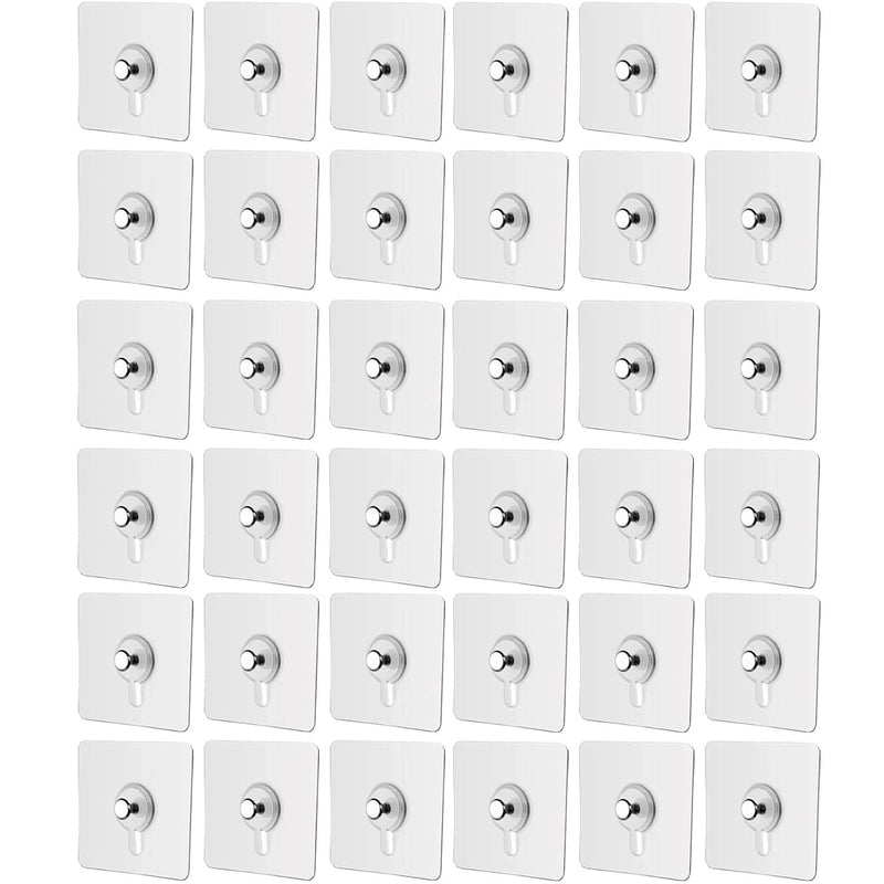 SKY-TOUCH Adhesive Wall Hooks : 36Pcs Transparent Heavy Duty Self-Sticking Hangers Without Nails, Waterproof & Rustproof for Kitchen Bathroom Home Office - Reusable No Damage Hooks (6x6cm, 4kg Load)