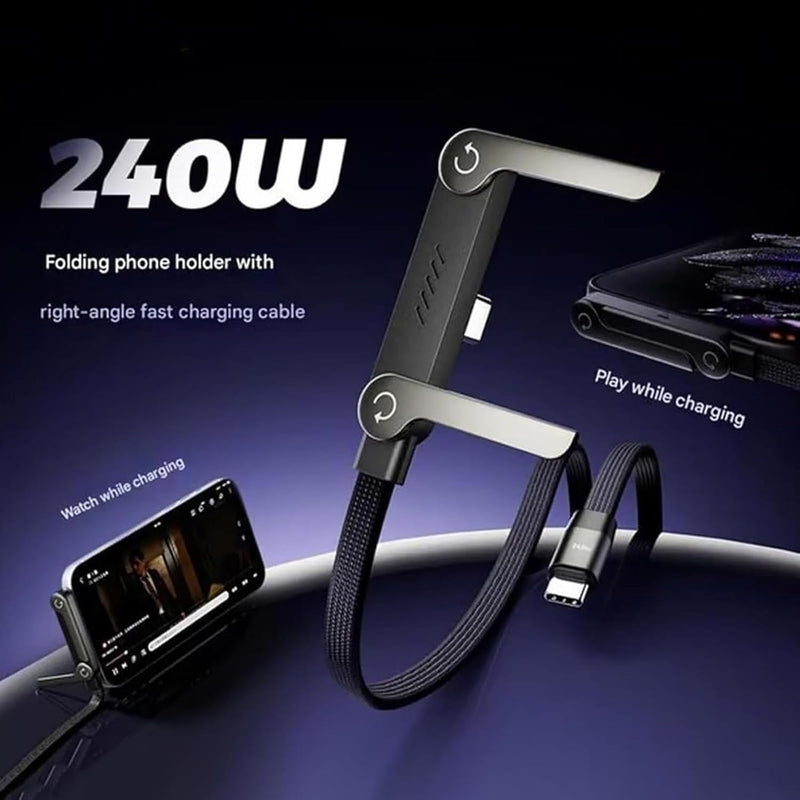 2 in 1 Invisible Stand Charger Cable, 240W Fast Charging Cable for Built-in Phone, 1.5m Braided Type C Cable with Foldable Stand for Smartphones/Tablets - A