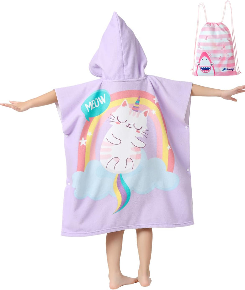Soft Microfiber Swim Towel with Hood for Bath and Beach, for Kids Ages 3-10, Dinosaur 2 - Cat Fits 3-10 years