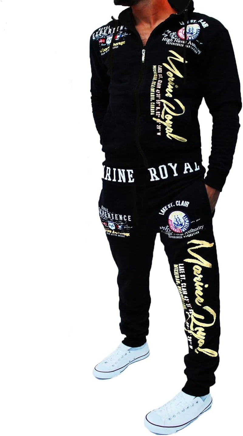 Men 's Casual Tracksuit Hooded Full Zip Elastic Waistband Sweatsuit Set - Black