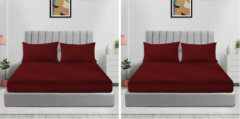 Sleep Well Microfiber Stripe Fitted Sheet with Pillowcase Set - 90x200+17cm (Beige) - Maroon 120x200+17cm (Pack of 2)