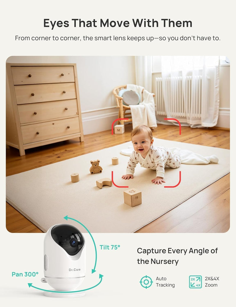 Dr.Care VistaView Smart WLAN Baby Monitor with Camera, 5 Inch 1080P HD, 2K Camera, App Control, Motion & Crying Alarm, Night Vision, 5000 mAh, Two-Way Audio, 390 m Range