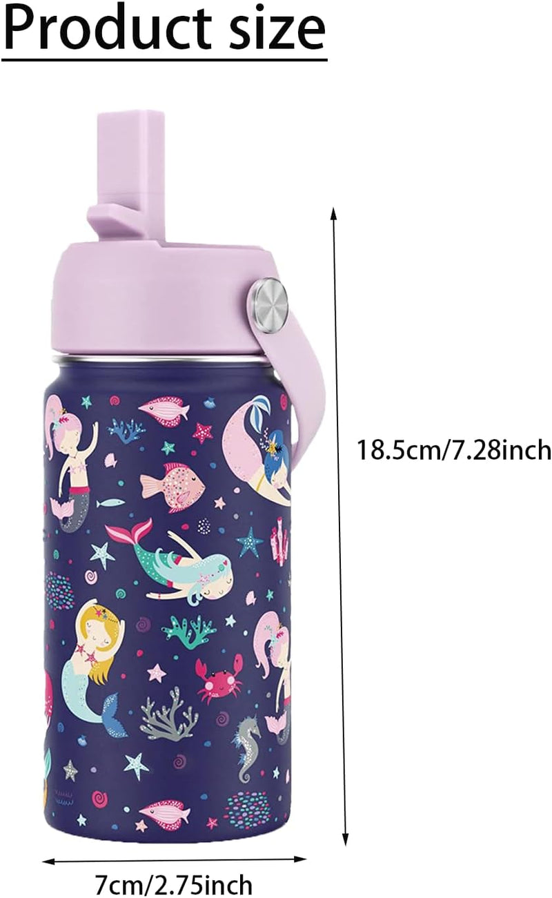 water bottle for kids 410ml, stainless steel water bottle with Straw Lid, Leakproof Sports thermos hydro flask,Double Wall Vacuum Flask for Toddler Girls & Boys, BPA-Free, 14oz