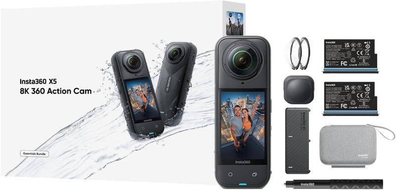 X5 - Waterproof 8K 360 Action Camera, Leading Low Light, Invisible Selfie Stick Effect, Rugged and Replaceable Lens, 3-Hour Battery, Triple AI Chip Design, UAE Version - Essential Kit